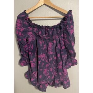 BB Dakota Womens Top Large Purple Floral Silk Ruffle Off Shoulder Romantic Fairy